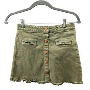 Zara Girls 9/10 Denim Mini Skirt Olive Green Button Front Frayed Hem